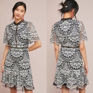 ML Monique Lhuillier Morrell Embroidered Black & White Lace Dress